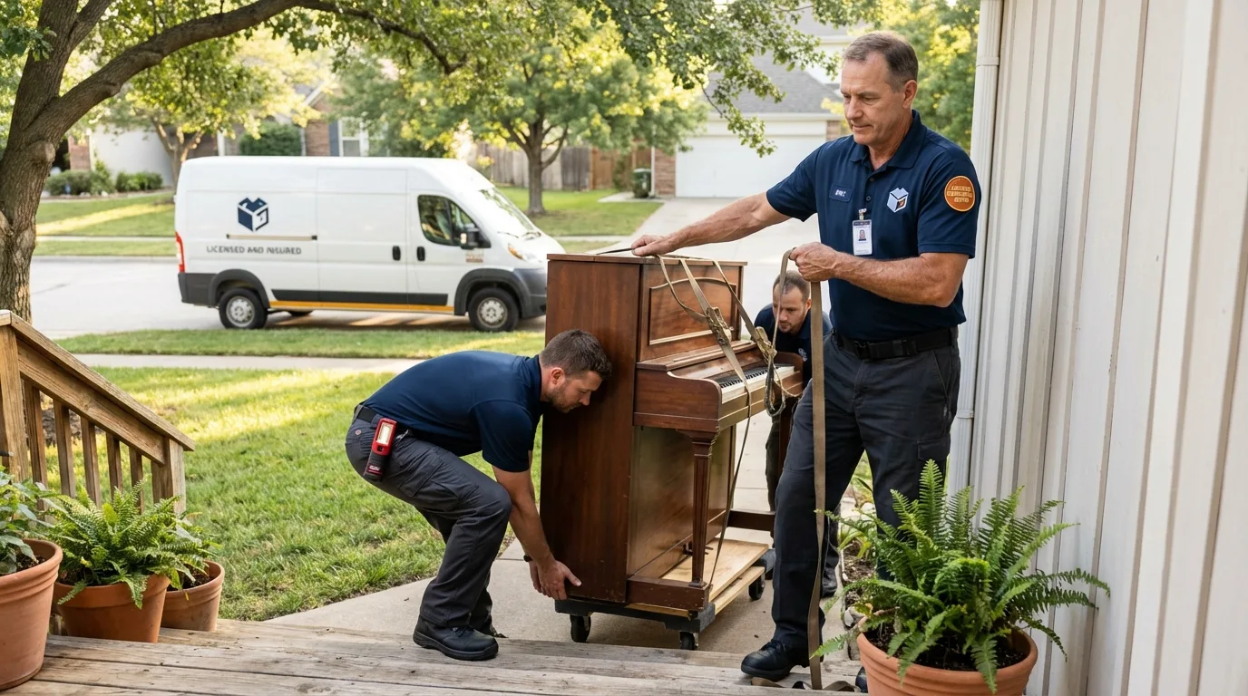 Licensed piano movers securing grand piano in Cedar Rapids, IA