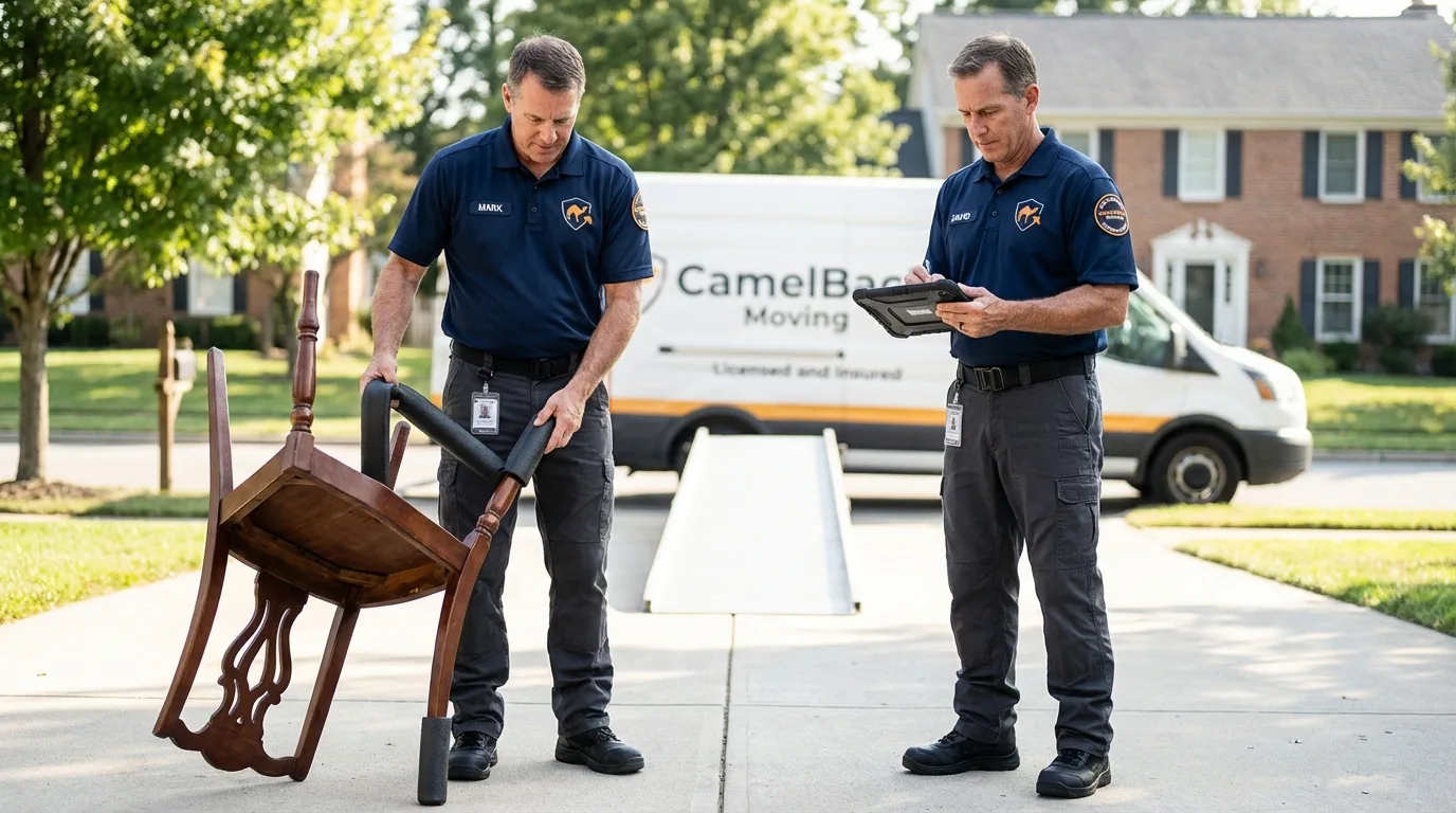 Movers inspecting furniture for damage prevention before loading in Cedar Rapids, IA