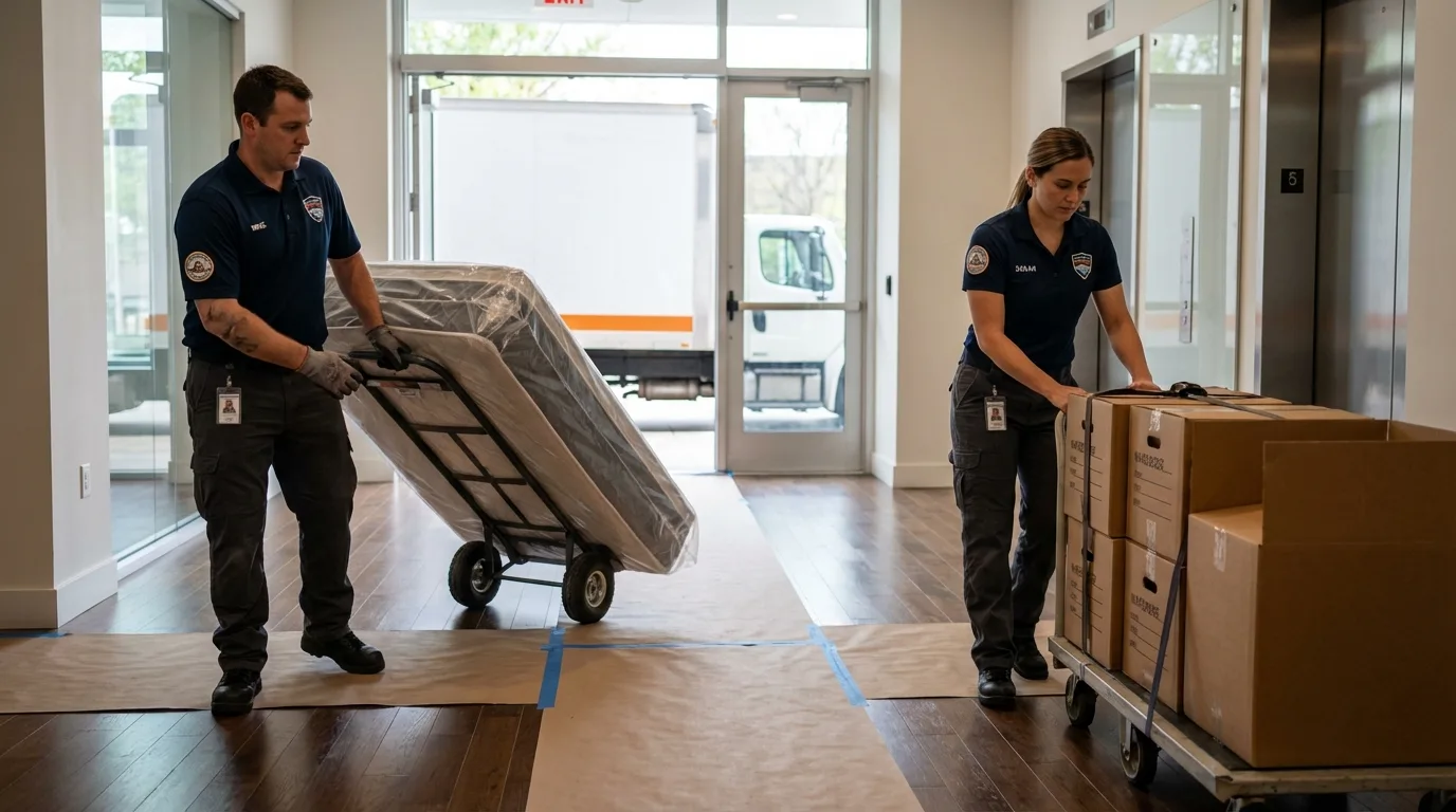 Professional apartment movers loading elevator in Cedar Rapids, IA